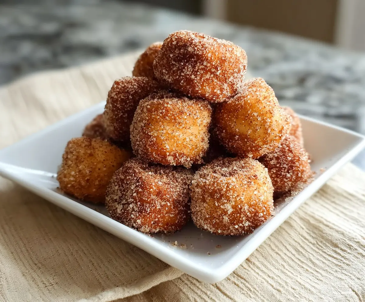 Delicious homemade healthy air fryer churro bites dusted with cinnamon sugar on a white plate.