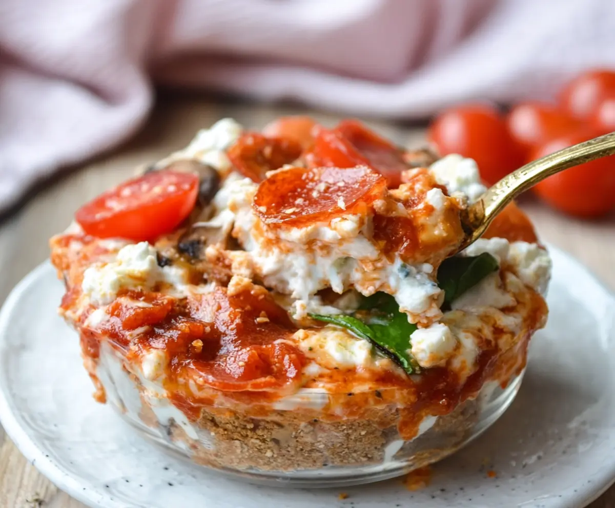 Healthy cottage cheese pizza bowl with fresh vegetables and melted cheese for a nutritious meal.