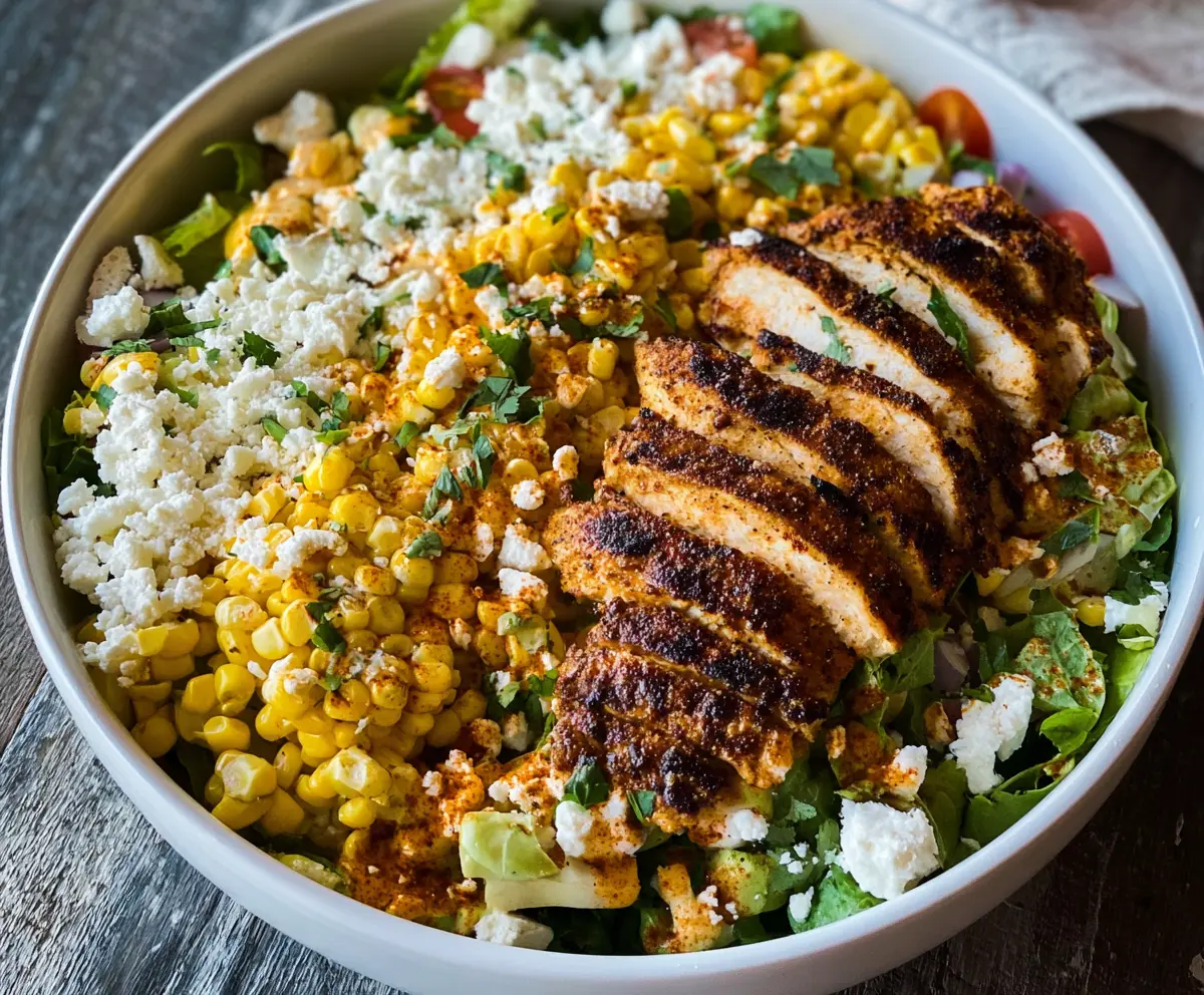 Healthy Mexican street corn chicken salad in a bowl, featuring grilled chicken, corn, and fresh cilantro.
