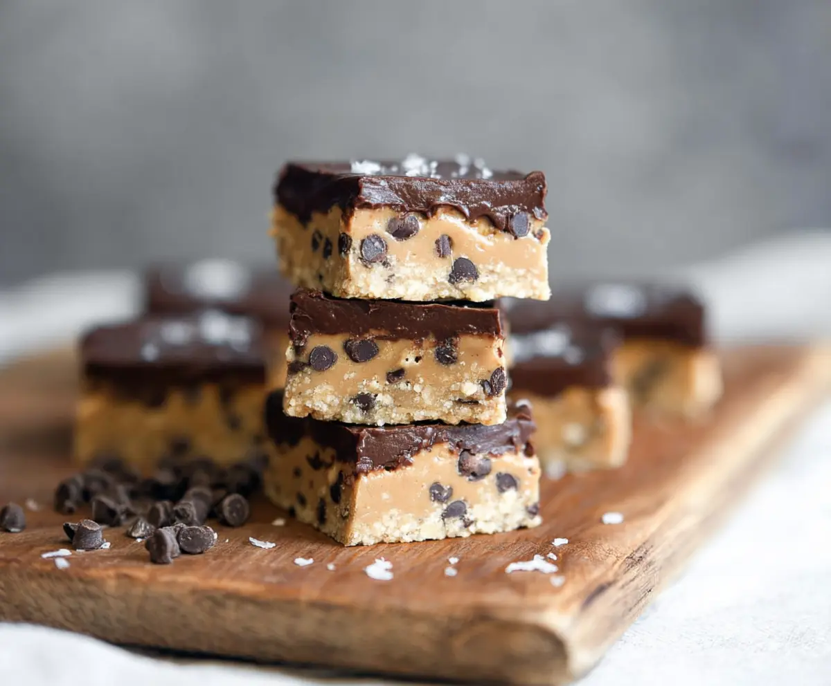 Healthy no-bake cookie dough bars with oats and chocolate chips on a white plate.