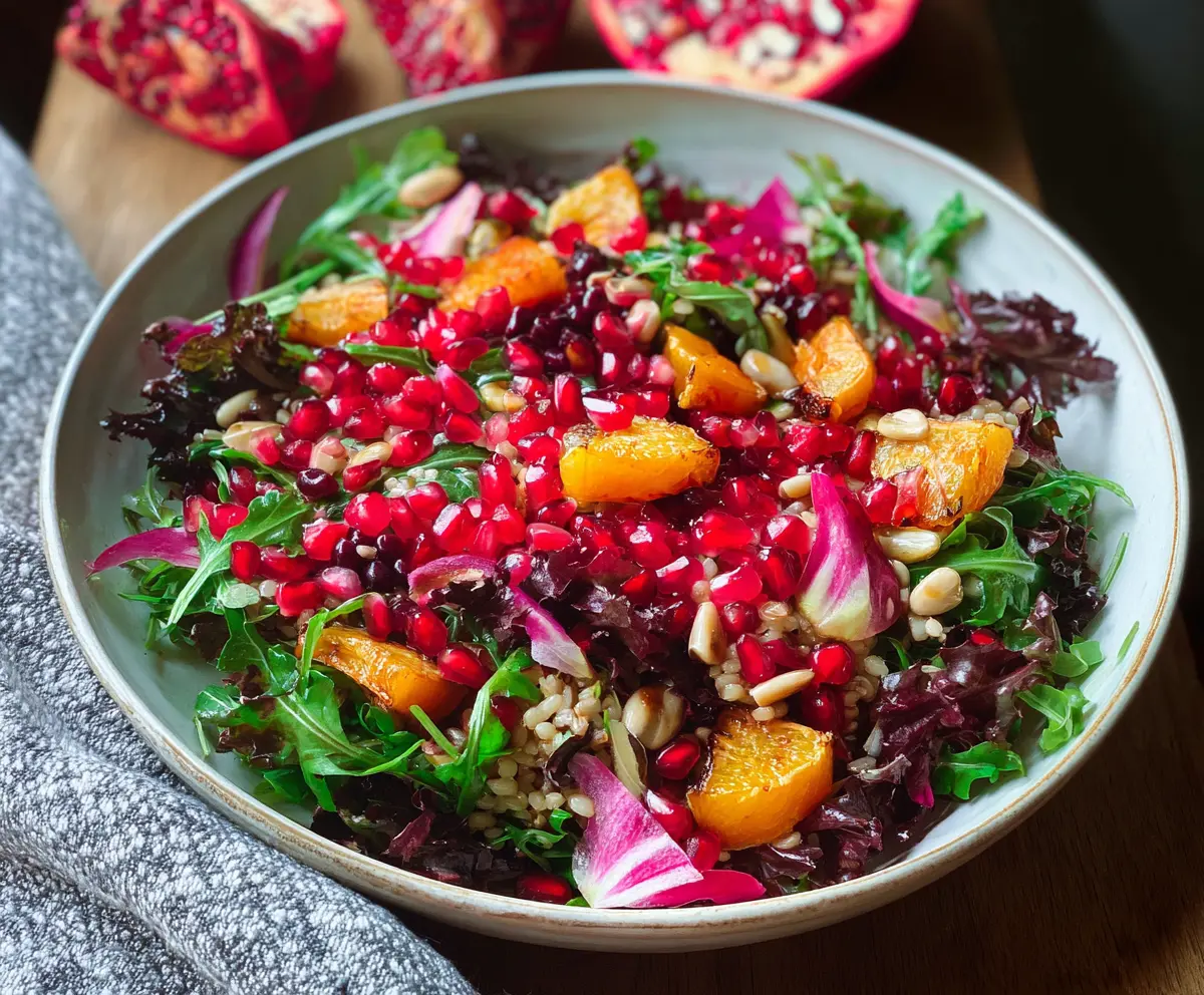 Fresh and colorful winter salad featuring pomegranate seeds, greens, and nuts for a healthy meal.