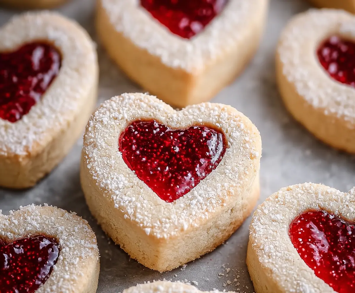 Delicious Heart Jam Cookies with a sweet jam filling and a golden-brown crust, perfect for Valentine's Day treats.