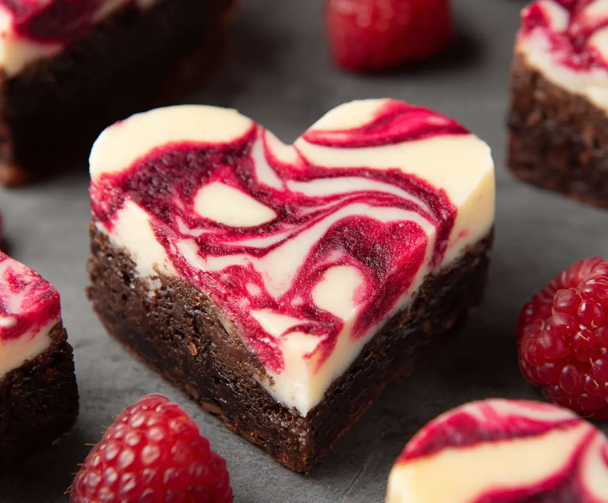 Delicious heart-shaped brownies with a raspberry swirl and cheesecake topping, perfect for romantic desserts.