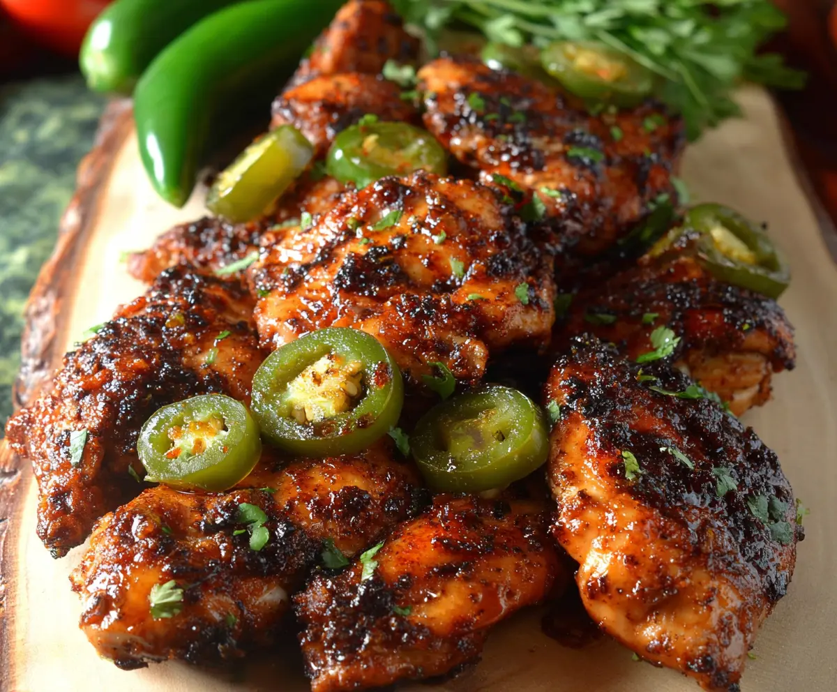 Spicy Jalapeno Chicken dish featuring tender chicken pieces and fresh jalapenos garnished with herbs.