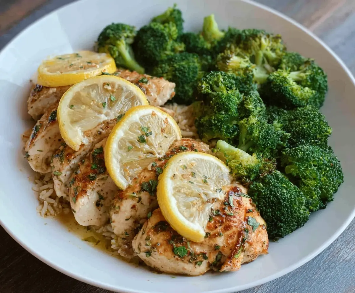 Juicy Lemon Garlic Chicken served with fresh broccoli for a healthy dinner.
