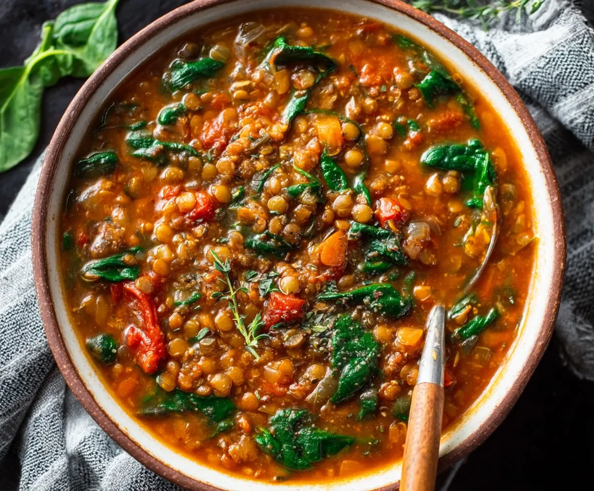 Hearty lentil and spinach soup served in a bowl, highlighting fresh green spinach leaves and brown lentils.