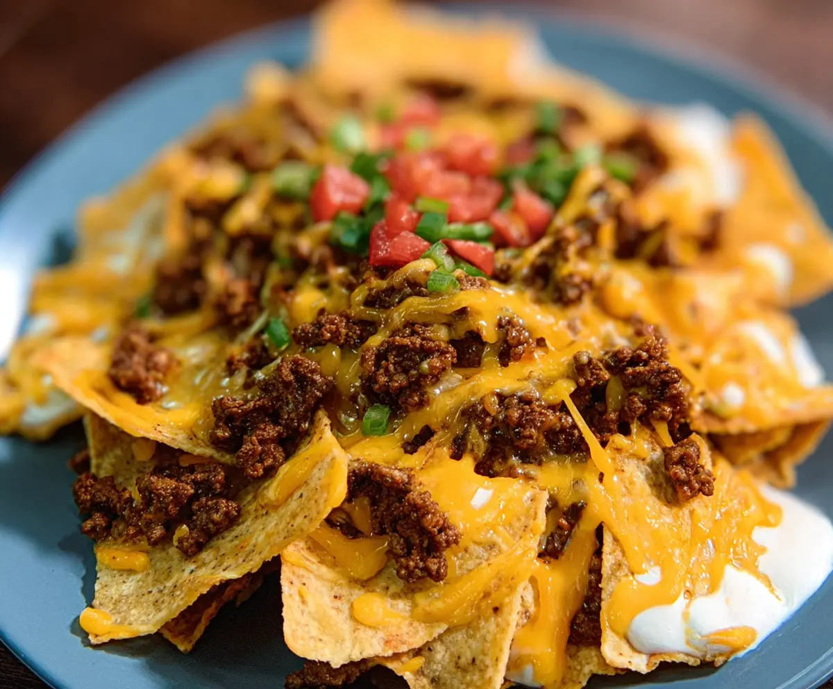 Delicious loaded nachos topped with ground beef, melted cheese, and fresh toppings served on a plate.