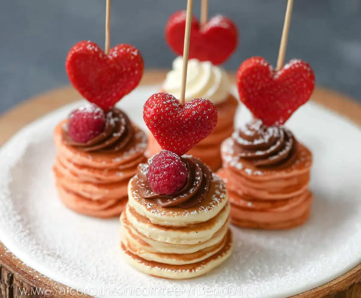 Delicious mini heart pancake stacks topped with fresh strawberries and syrup.