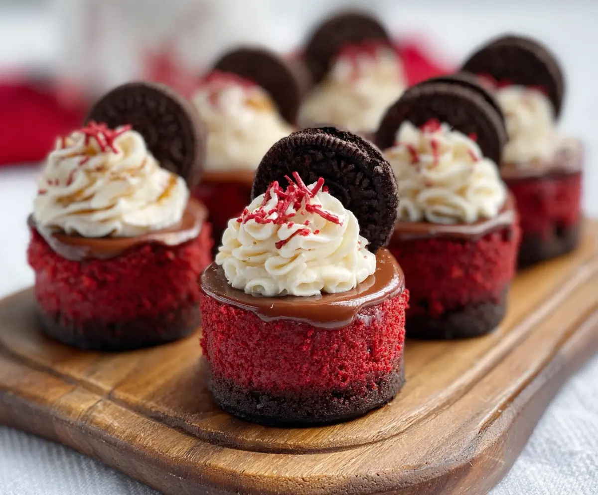 Delicious mini red velvet cheesecakes topped with cream cheese frosting, perfect for dessert lovers.