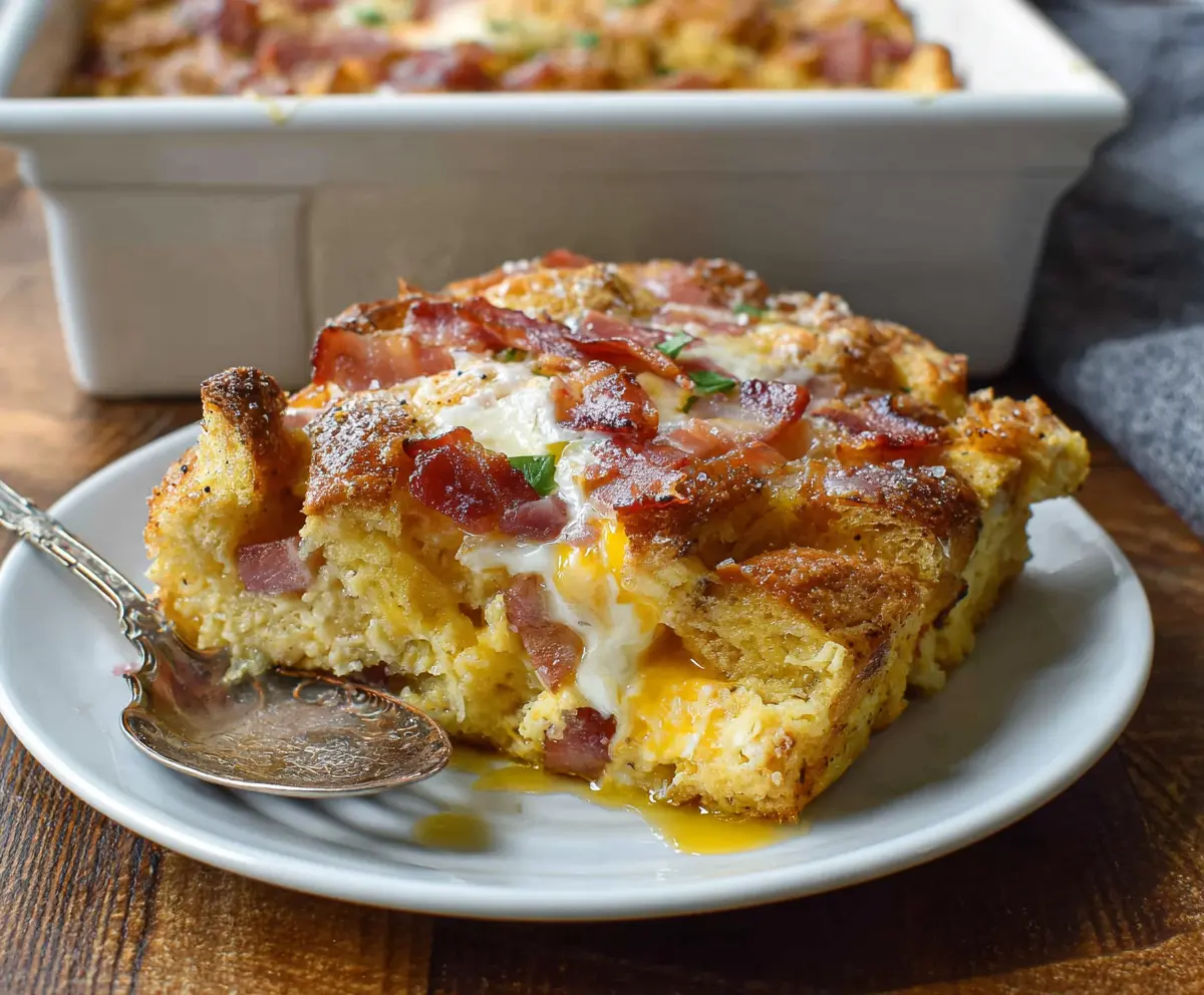 Monte Cristo Breakfast Casserole in a baking dish topped with cheese and herbs, ready to serve for breakfast or brunch.