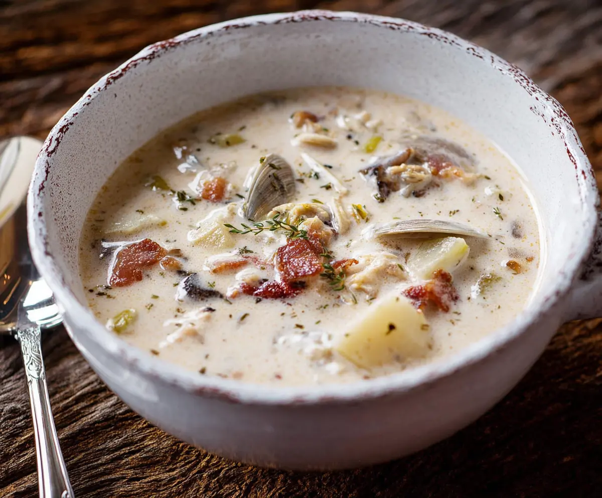 Creamy New England Clam Chowder in a bowl with fresh herbs and oyster crackers.