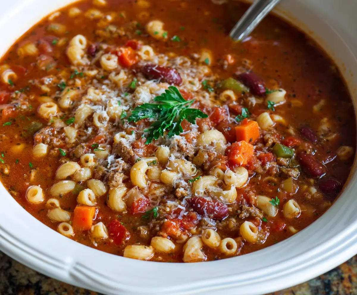 Warm Olive Garden Pasta e Fagioli soup served in a bowl with fresh herbs