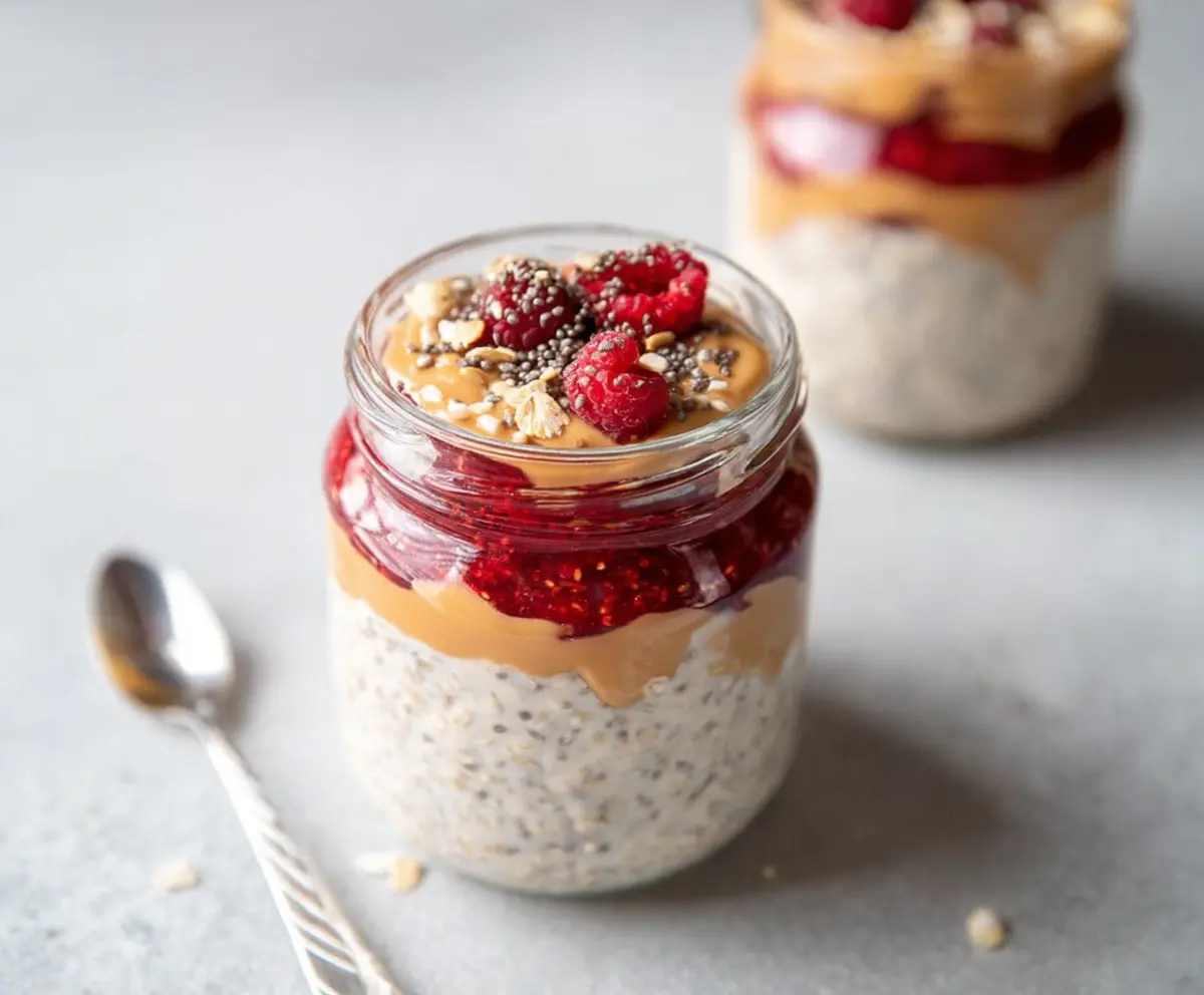 Creamy peanut butter and fruity jelly layered in overnight oats for a delicious breakfast.