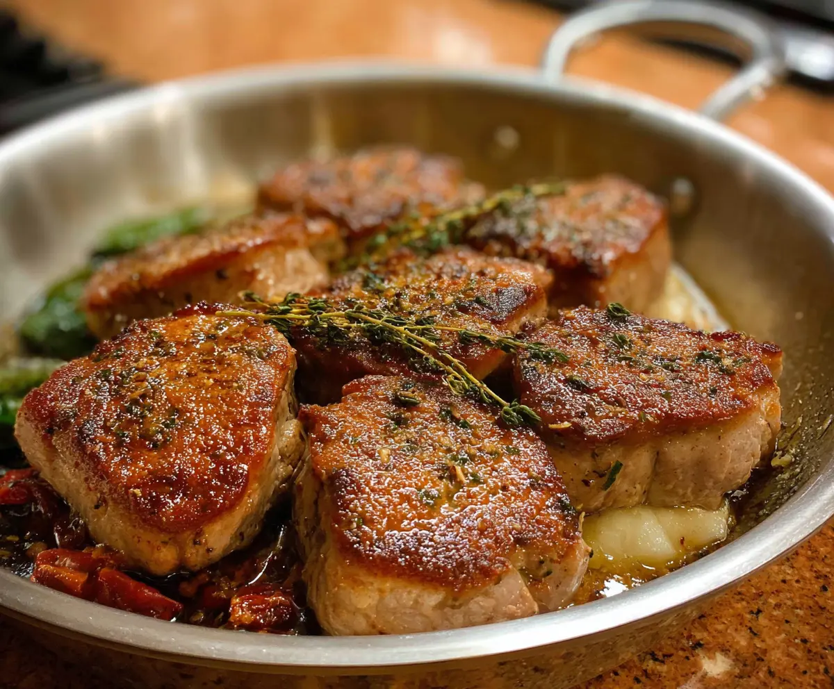 Delicious pork medallions cooked to perfection served with fresh vegetables and herbs.