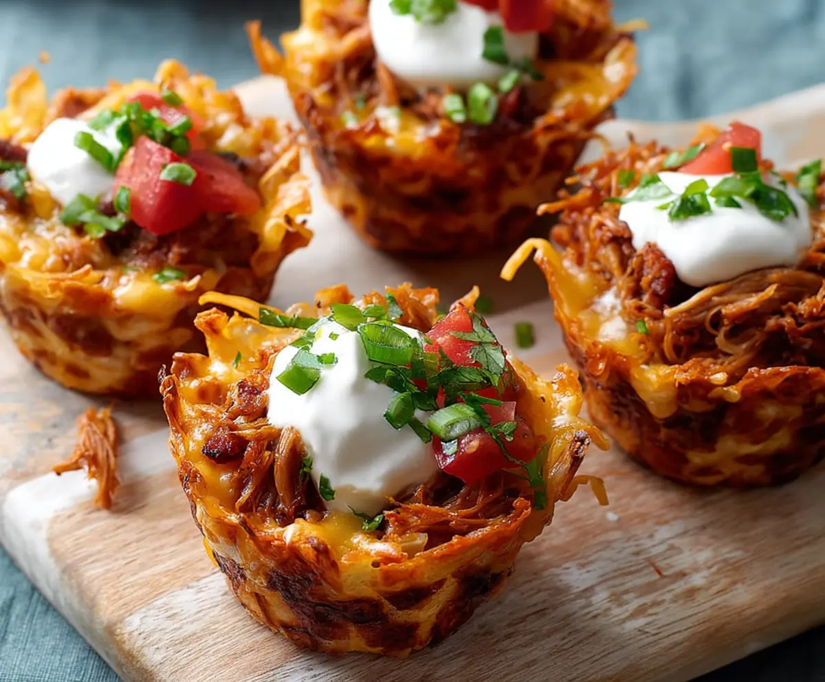 Delicious pulled pork nacho cups topped with melted cheese and fresh toppings.