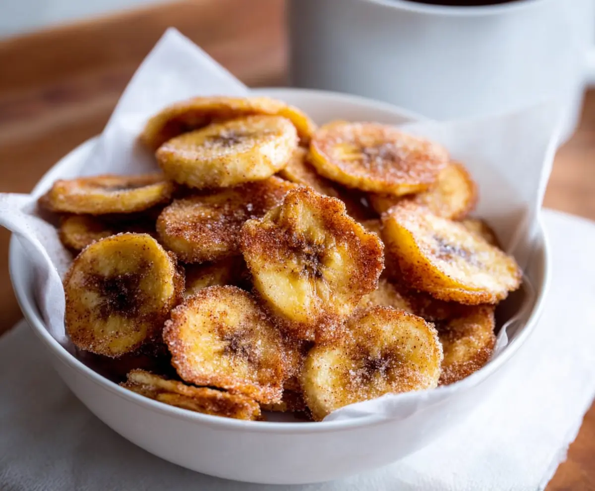 Crispy air fried cinnamon banana chips on a white plate, perfect healthy snack