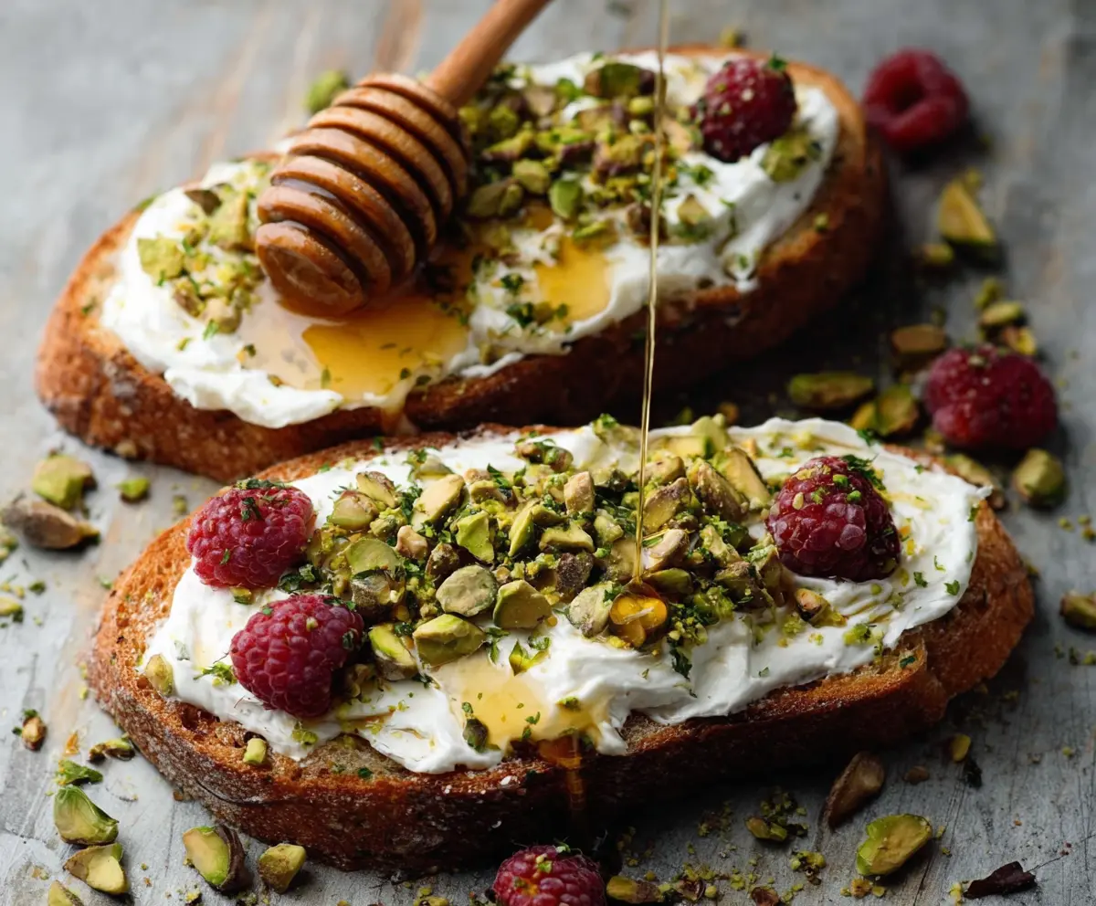 Raspberry Ricotta Toasts topped with honey and pistachios on a white plate.