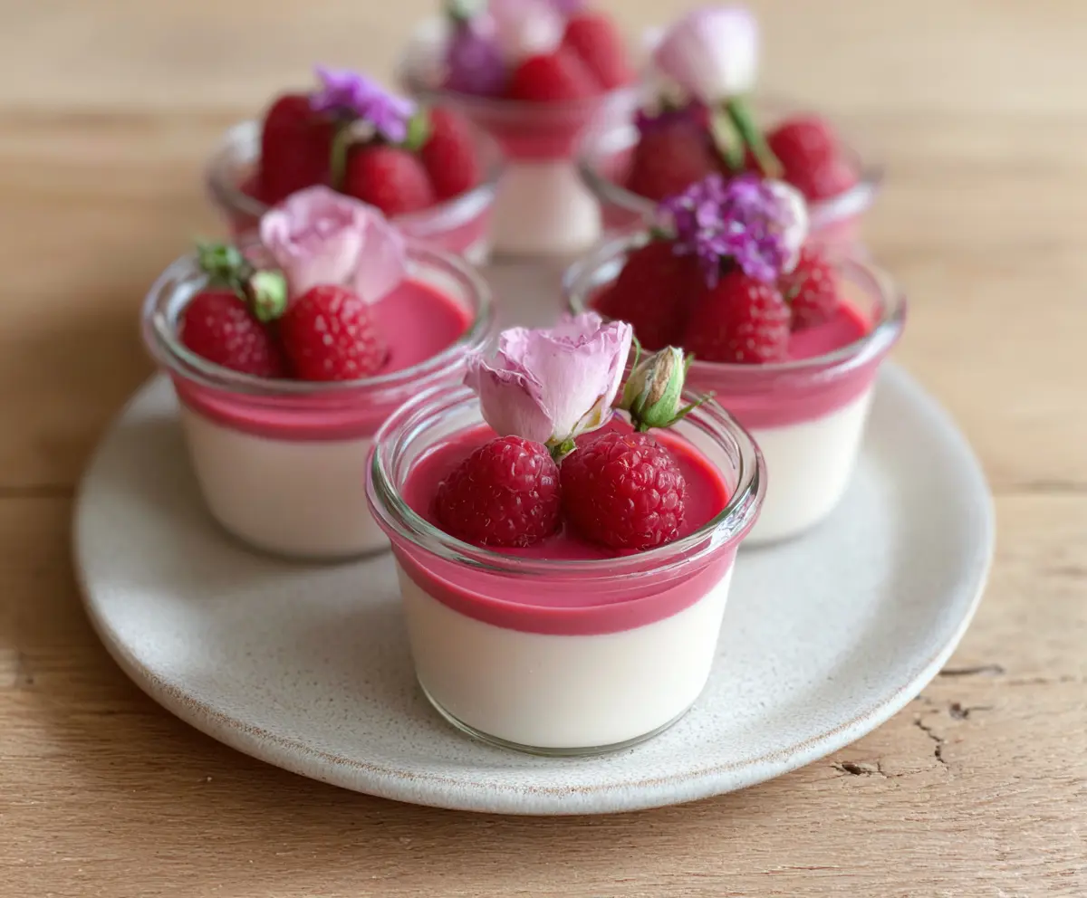 Delicious Raspberry Rose Panna Cotta presented in individual cups with fresh raspberries and edible rose petals.