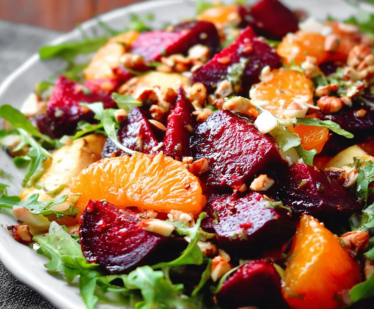 Colorful roasted beet and orange winter salad in a bowl, featuring vibrant red beets and bright orange slices.