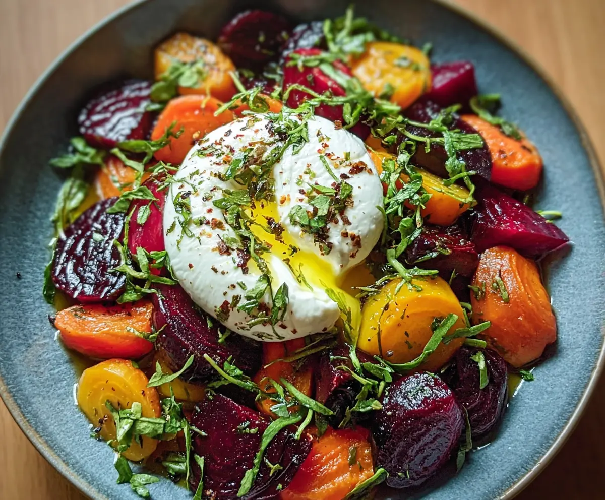 Colorful roasted beets and carrots salad topped with creamy burrata cheese, perfect for a healthy meal.