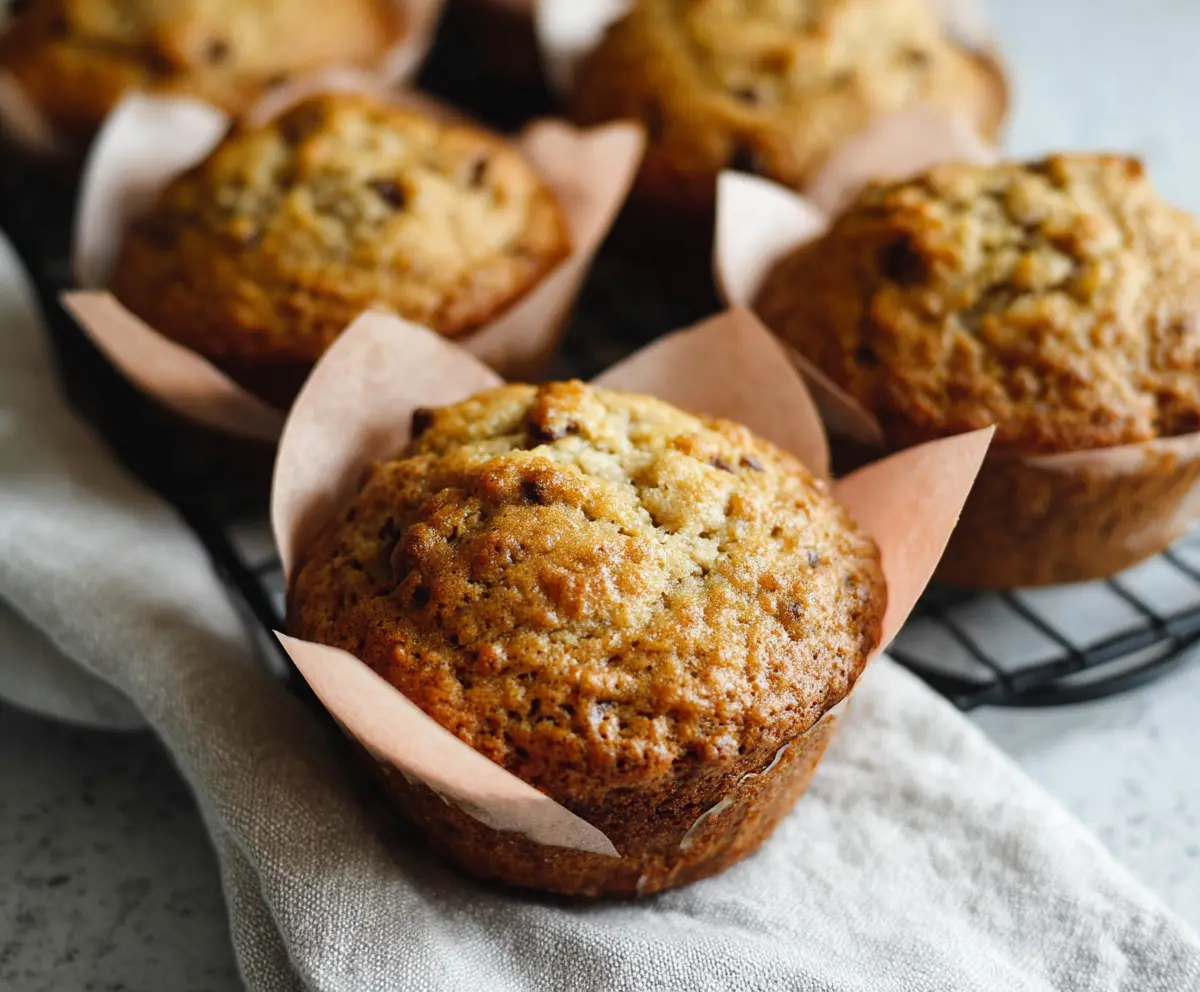 Homemade sourdough discard banana muffins on a plate, showcasing golden-brown crust and moist banana interior.