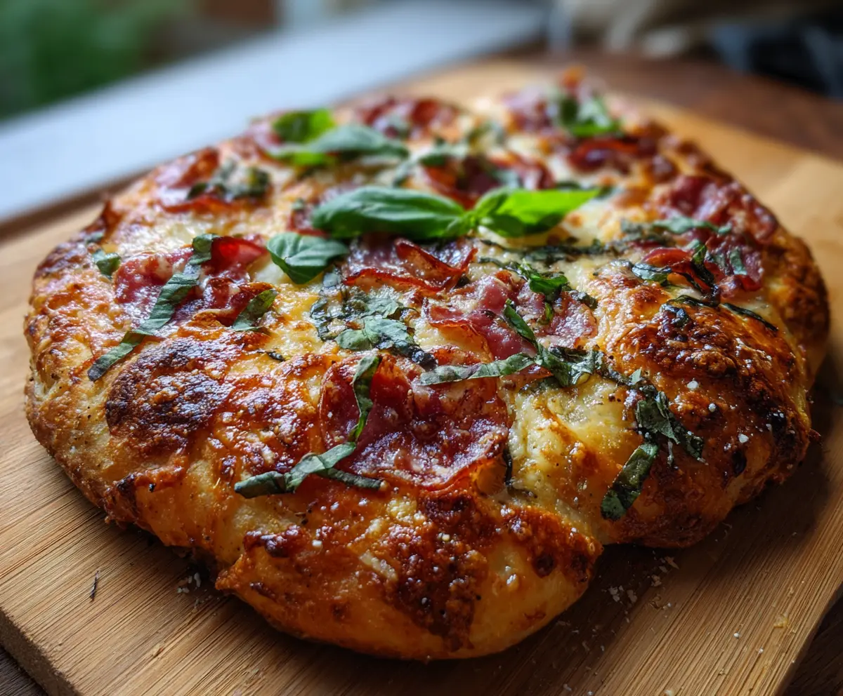 Homemade sourdough discard pizza dough ready for baking with a golden crust.