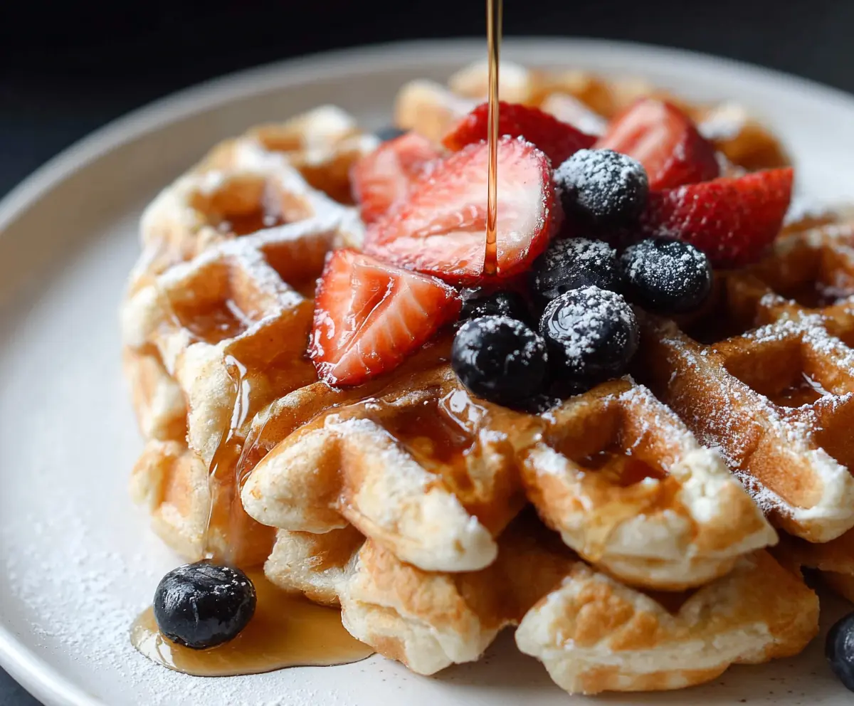 Golden brown sourdough discard waffles served on a plate with fresh berries