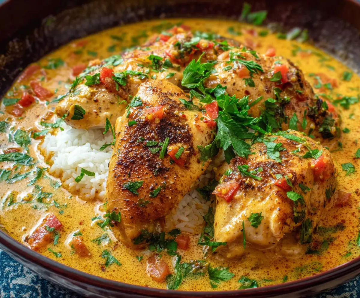 Delicious spicy Brazilian coconut chicken served with fresh herbs and colorful vegetables.