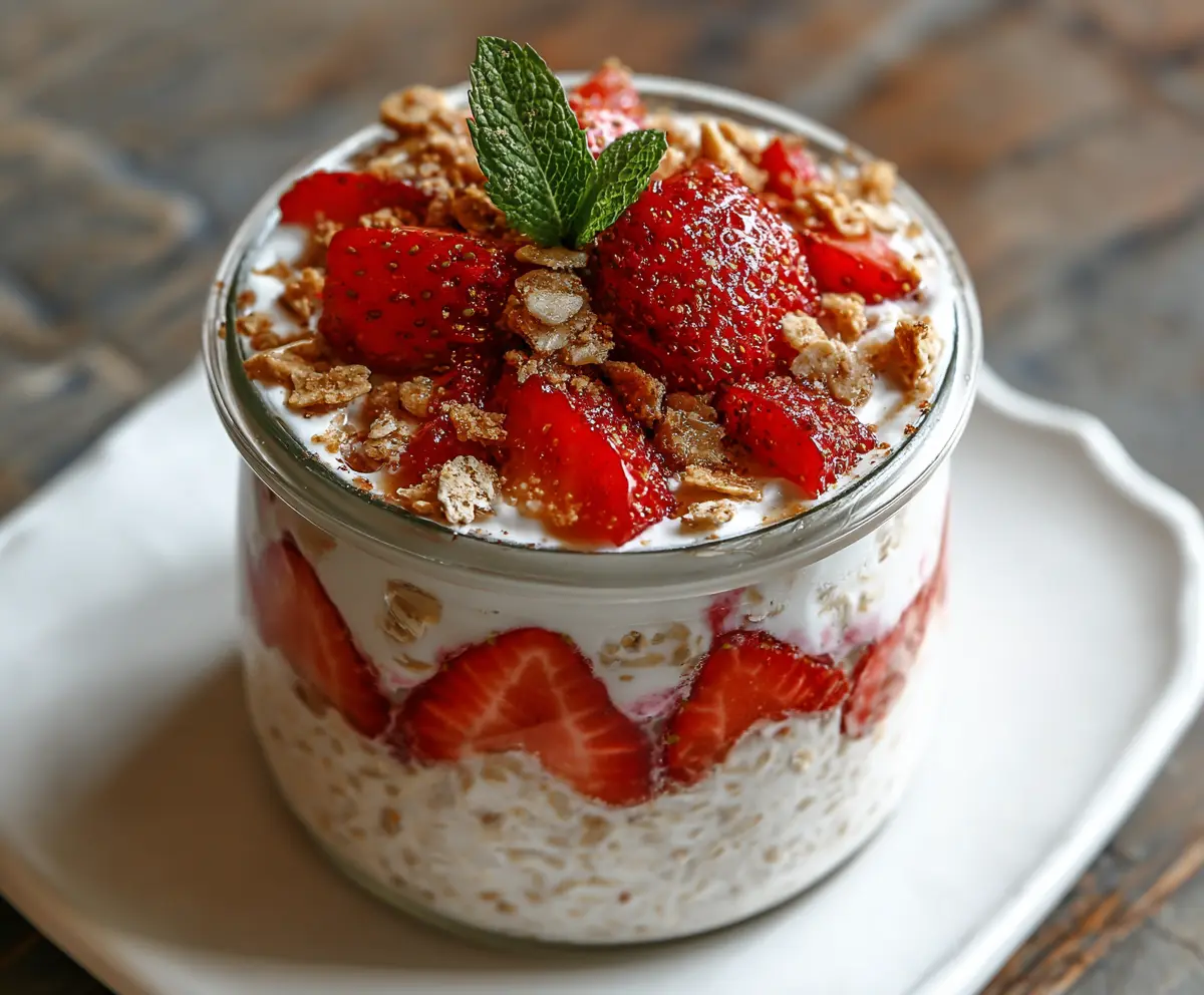Creamy strawberry cheesecake overnight oats topped with fresh strawberries for a delicious breakfast