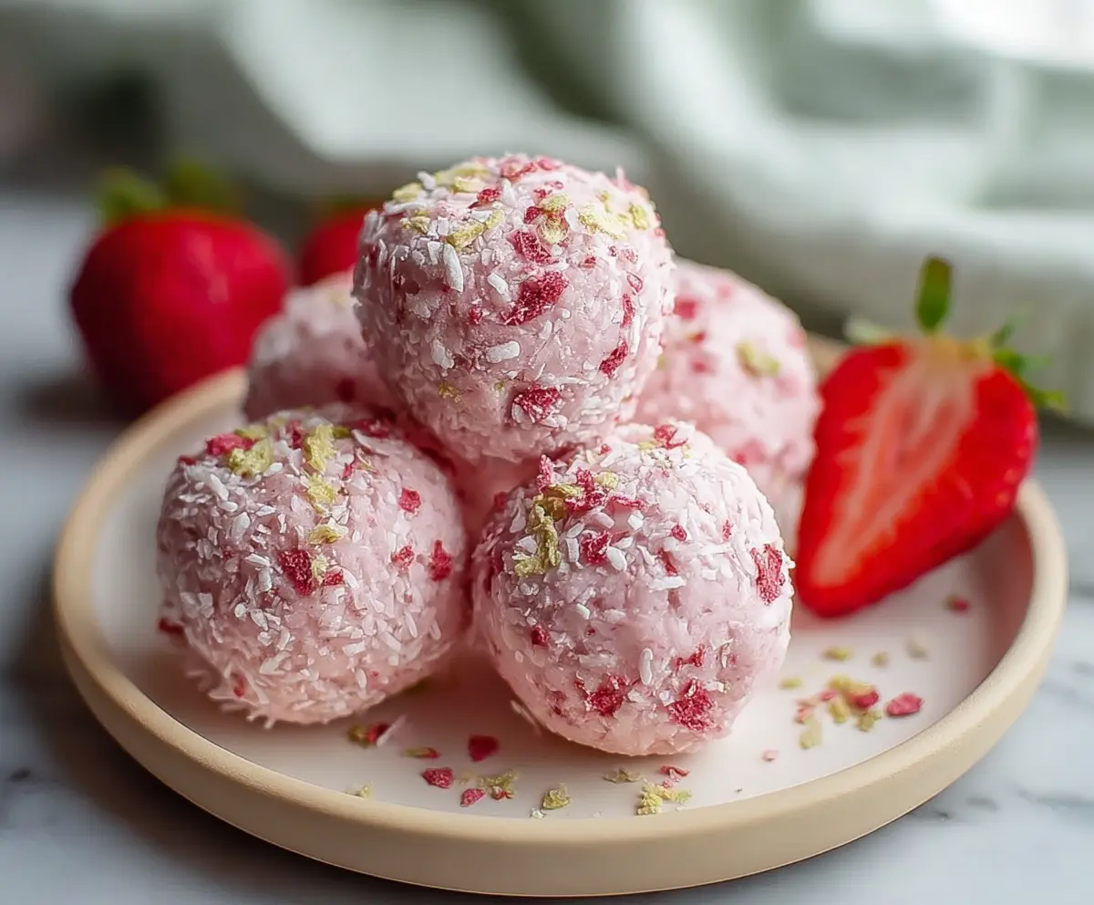 Delicious Strawberry Cheesecake Protein Balls on a white plate, showcasing a healthy snack with fresh strawberries and creamy texture.