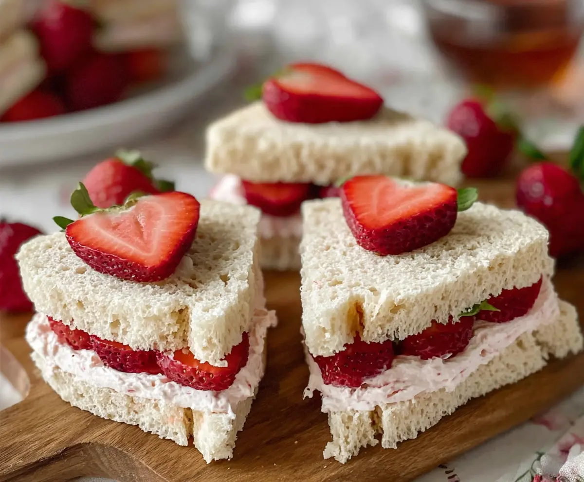 Delicious strawberry cream cheese tea sandwiches on a platter, perfect for afternoon tea parties.