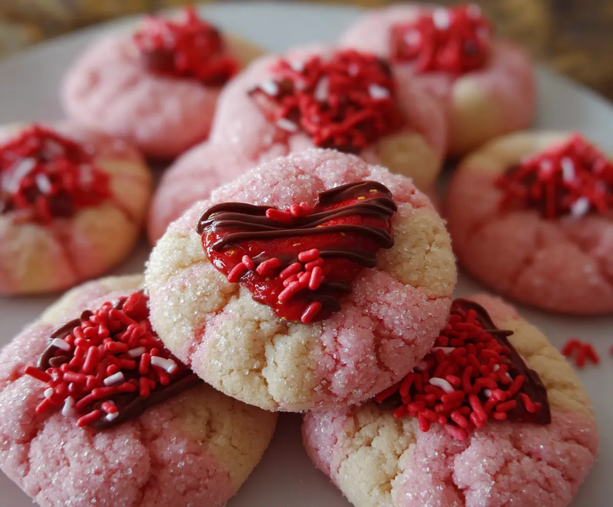 Delicious Strawberry Kiss Cookies with fresh strawberries and sweet icing on a white plate