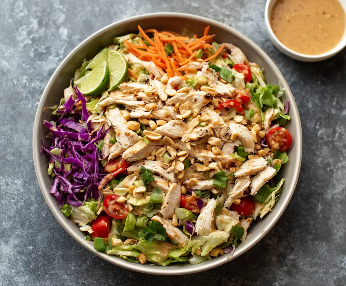 Fresh Thai Chicken Salad with crunchy vegetables and creamy peanut dressing on a wooden table.