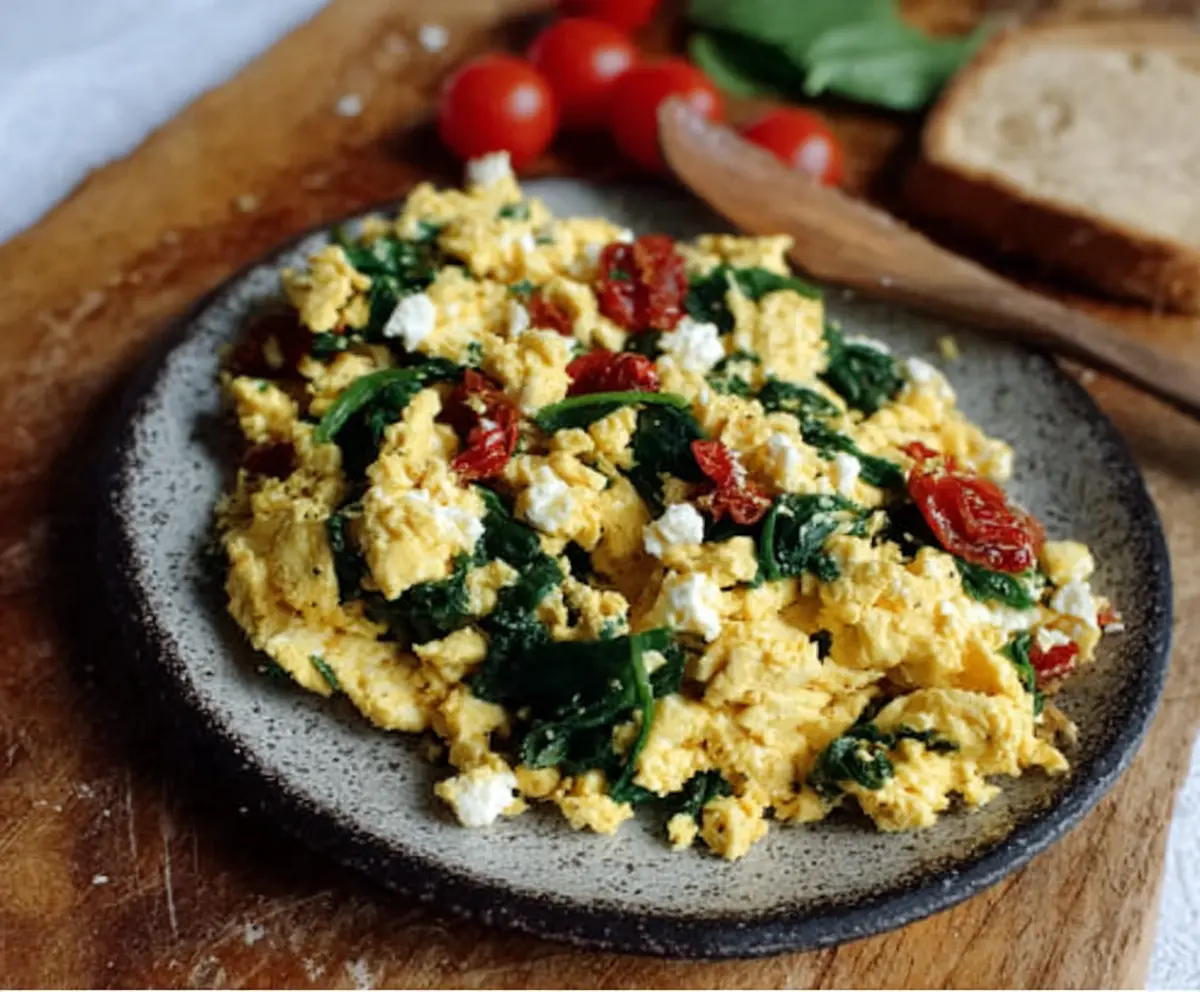Delicious tofu and spinach breakfast scramble topped with feta cheese, a healthy vegan breakfast option.