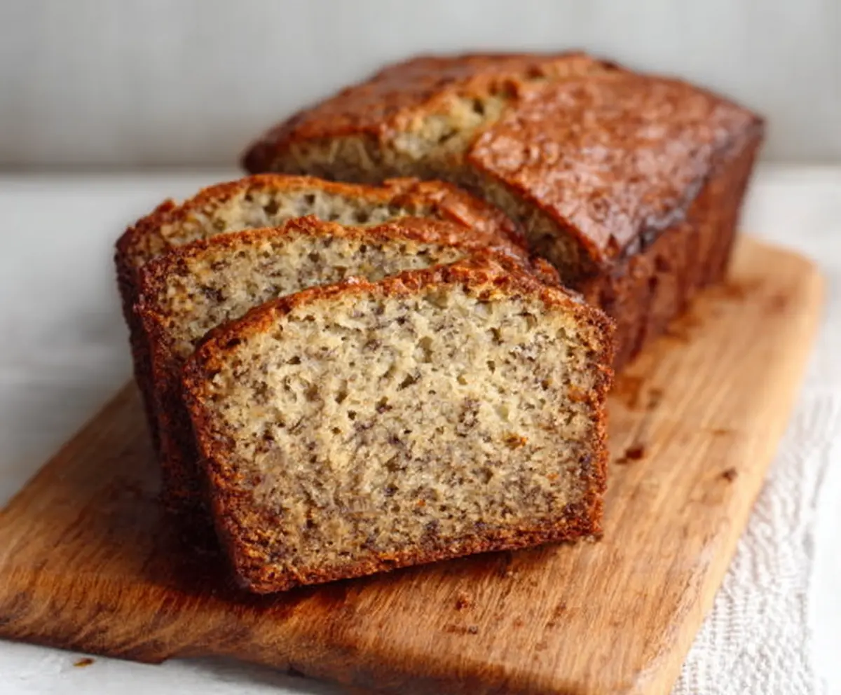 Delicious ultra-moist classic banana bread with a golden crust and slices served on a plate.