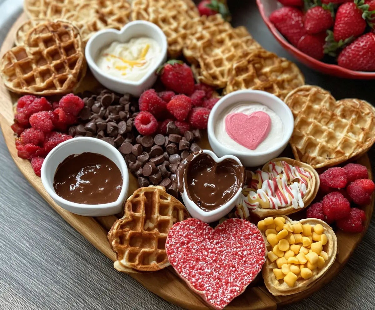 Delicious Valentine's Day waffle board with heart-shaped waffles, fresh berries, and chocolate toppings for a romantic breakfast or brunch.