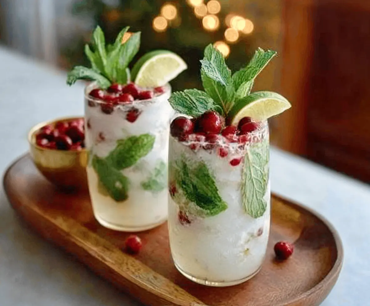 Refreshing White Christmas Mojitos served in elegant glasses with mint leaves and lime slices for a festive holiday drink