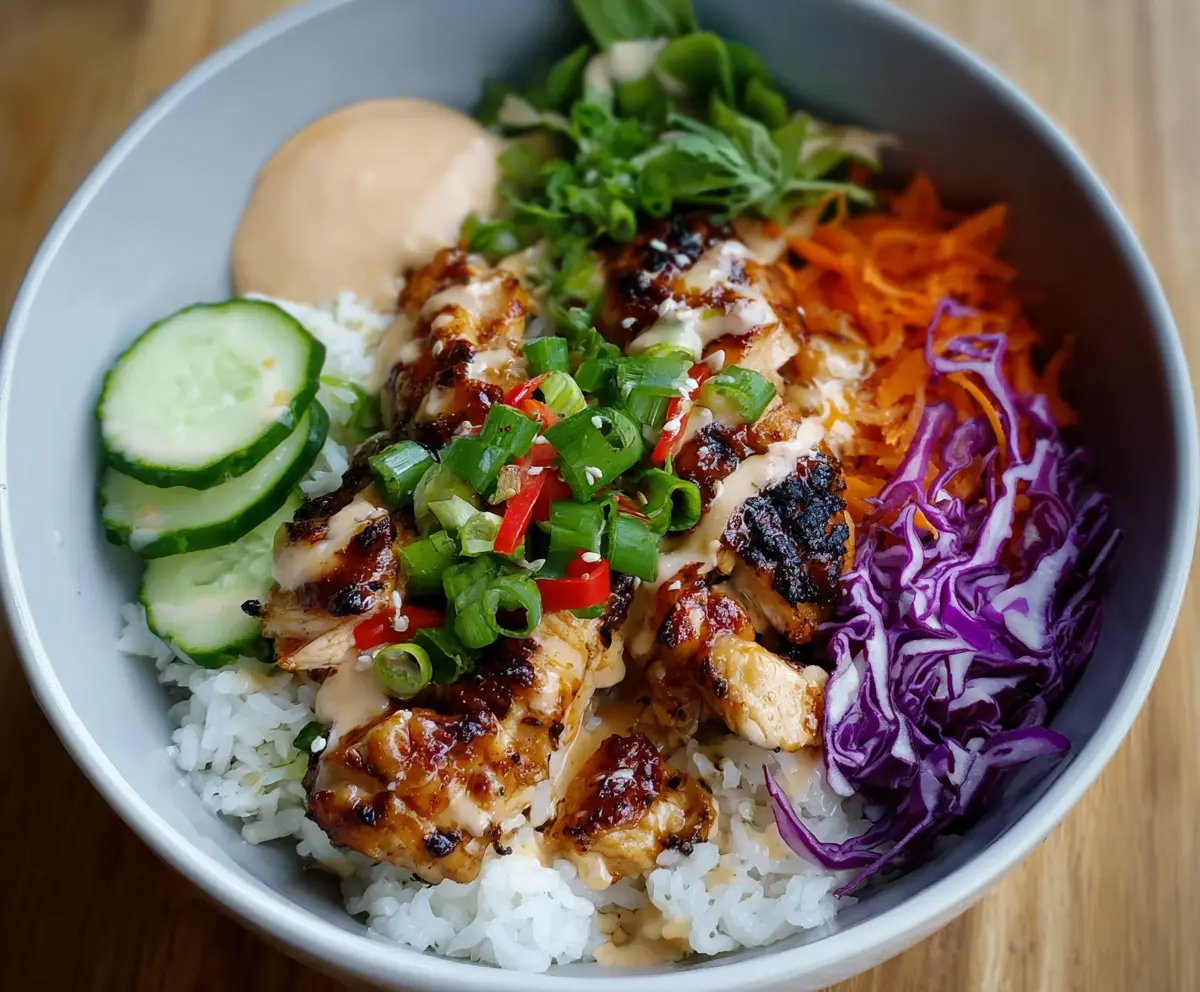 Delicious Bang Bang Chicken Bowl featuring crispy chicken, fresh vegetables, and a spicy, creamy sauce served in a bowl.