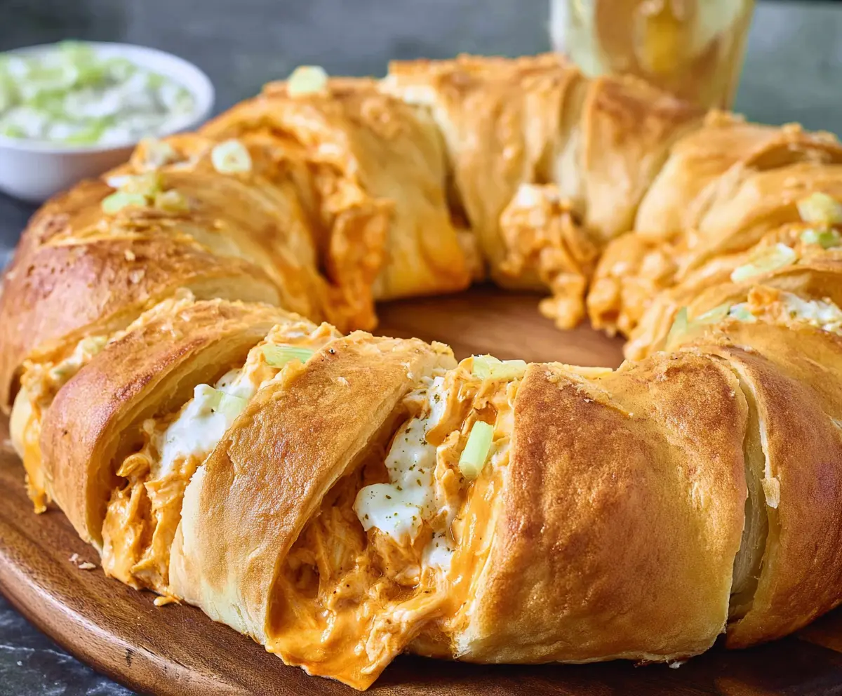 Delicious Buffalo Chicken Crescent Roll Ring topped with melted cheese and spicy buffalo sauce, perfect for appetizers or parties.