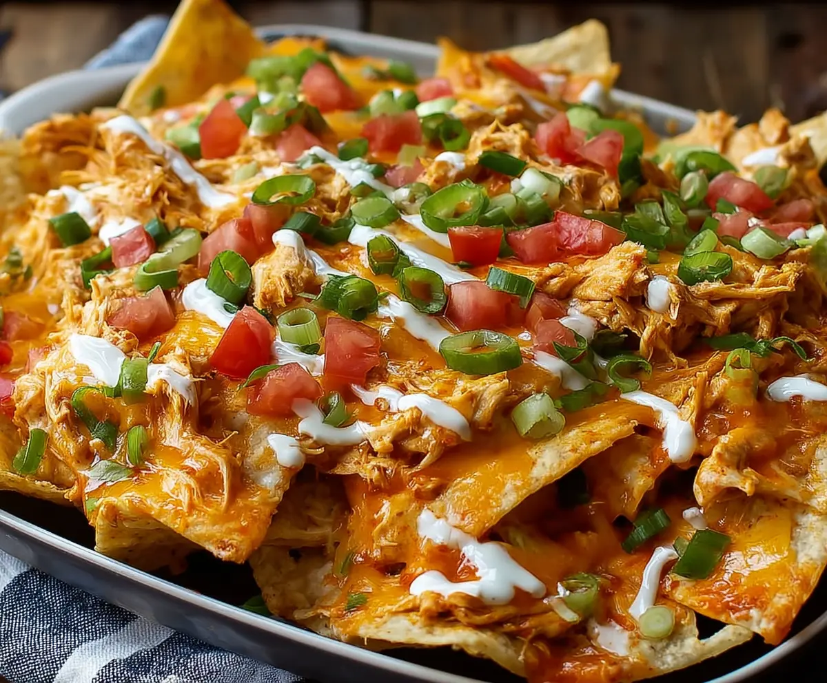 Delicious Buffalo Chicken Dip Loaded Nachos with melted cheese, spicy buffalo sauce, and crispy tortilla chips