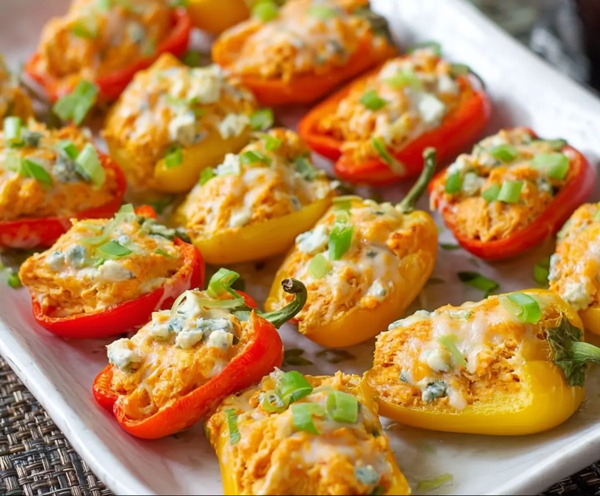 Delicious Buffalo Chicken Dip Stuffed Mini Peppers topped with cheese and herbs, perfect for party appetizers.