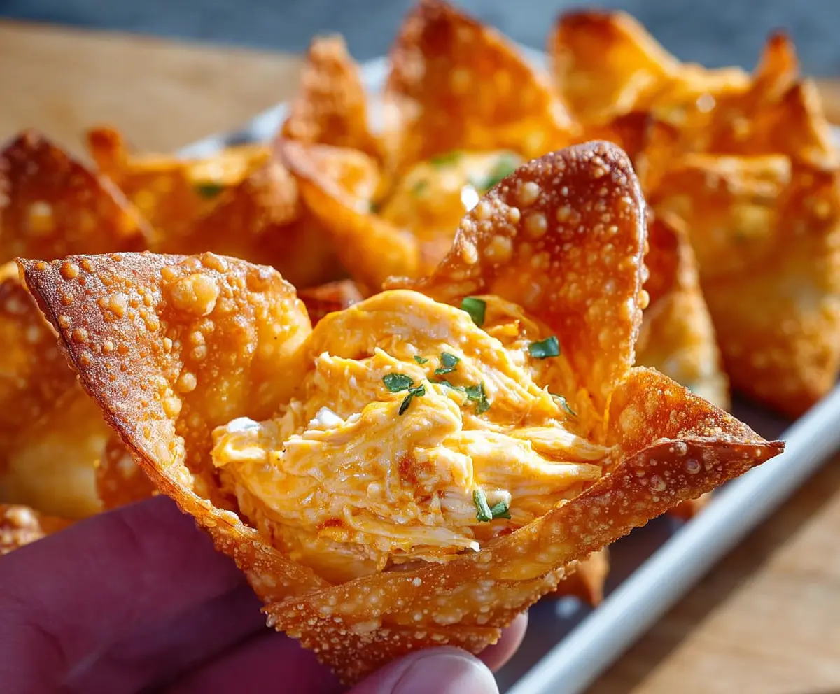Crispy Buffalo Chicken Rangoons filled with spicy chicken and cheese, served with dipping sauce