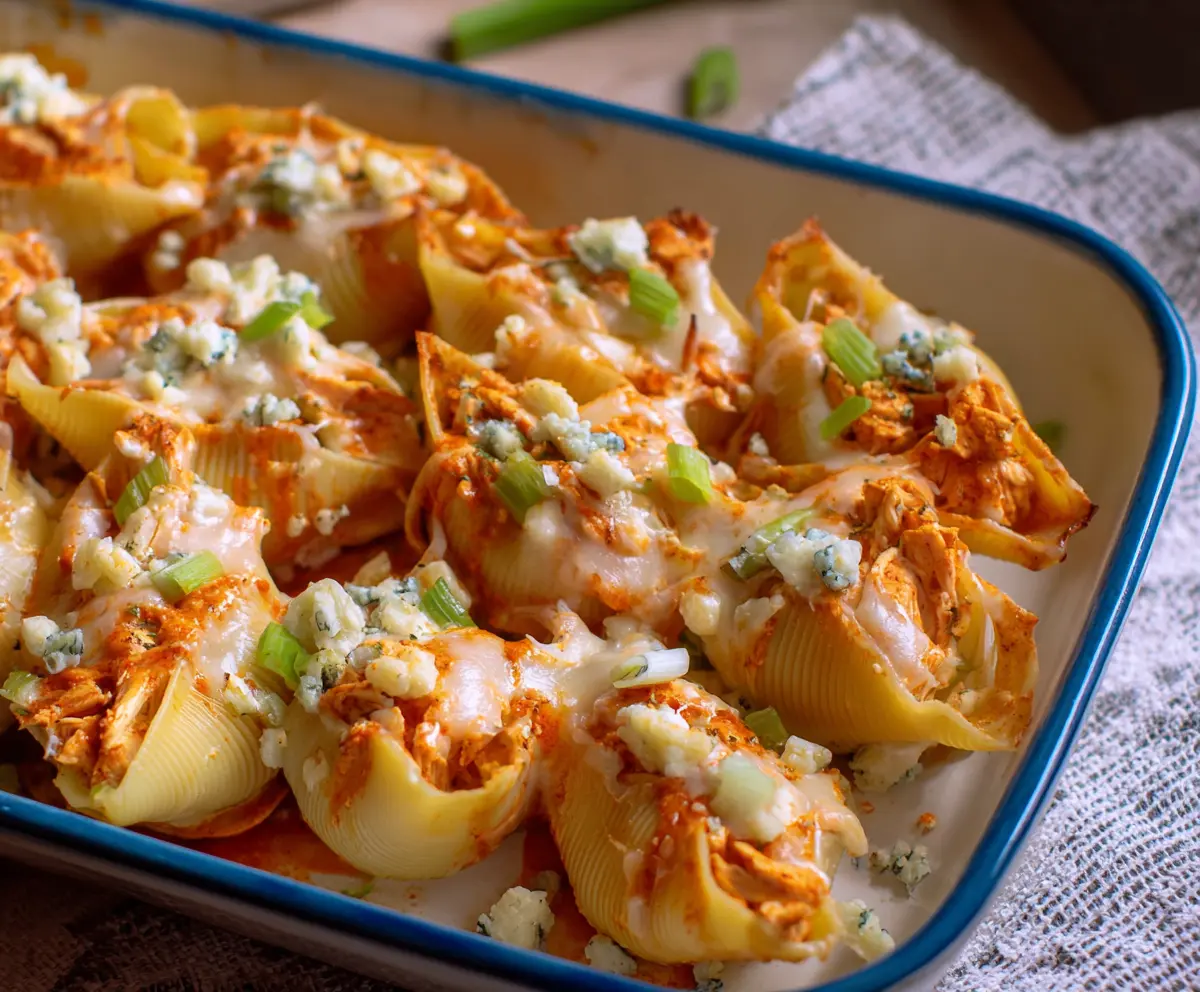 Delicious Buffalo Chicken Stuffed Shells topped with melted cheese and fresh herbs.