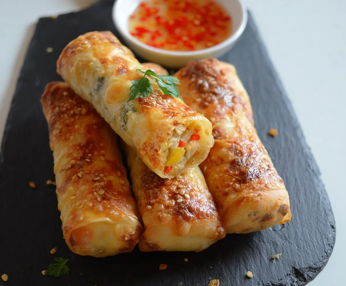 Delicious cheesy chicken spring roll with melted cheese and crispy exterior
