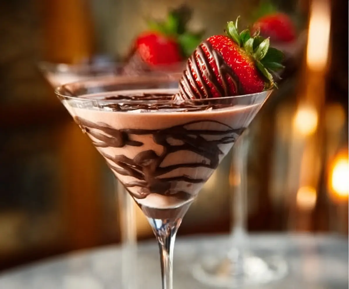 Elegant Chocolate Covered Strawberry Martini garnished with fresh strawberries and chocolate drizzle for a luxurious dessert cocktail.