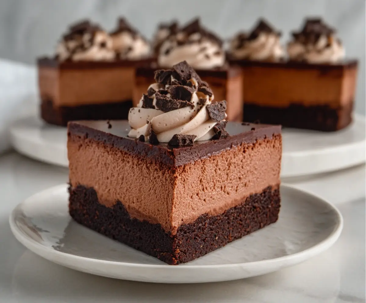 Delicious Chocolate Mousse Brownies with rich chocolate topping and moist brownie base.