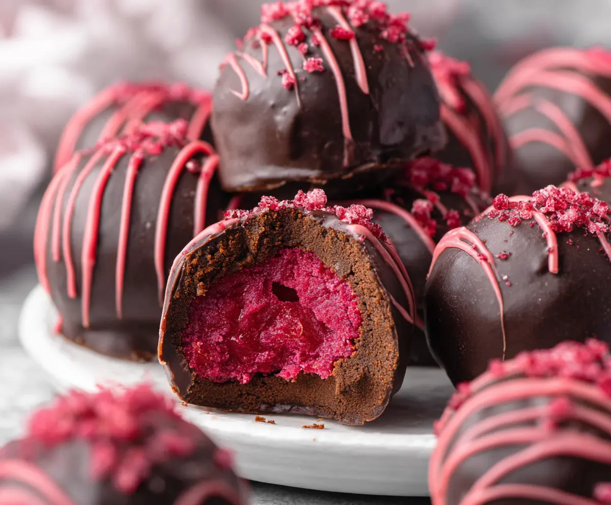 Rich and creamy chocolate raspberry truffles coated in cocoa, perfect for dessert lovers.