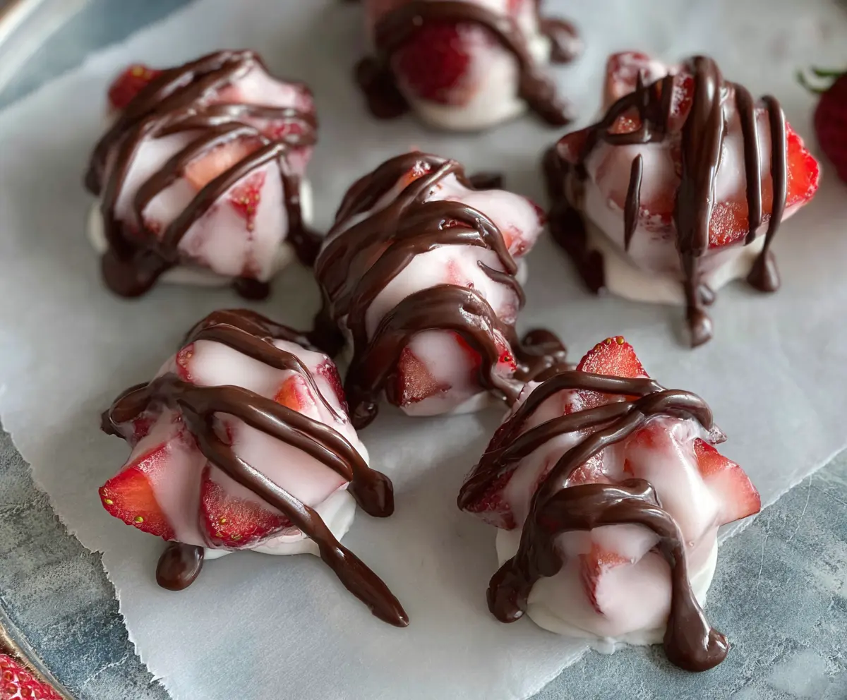 Delicious chocolate strawberry yogurt bites served in a bowl, perfect for a healthy snack or dessert.