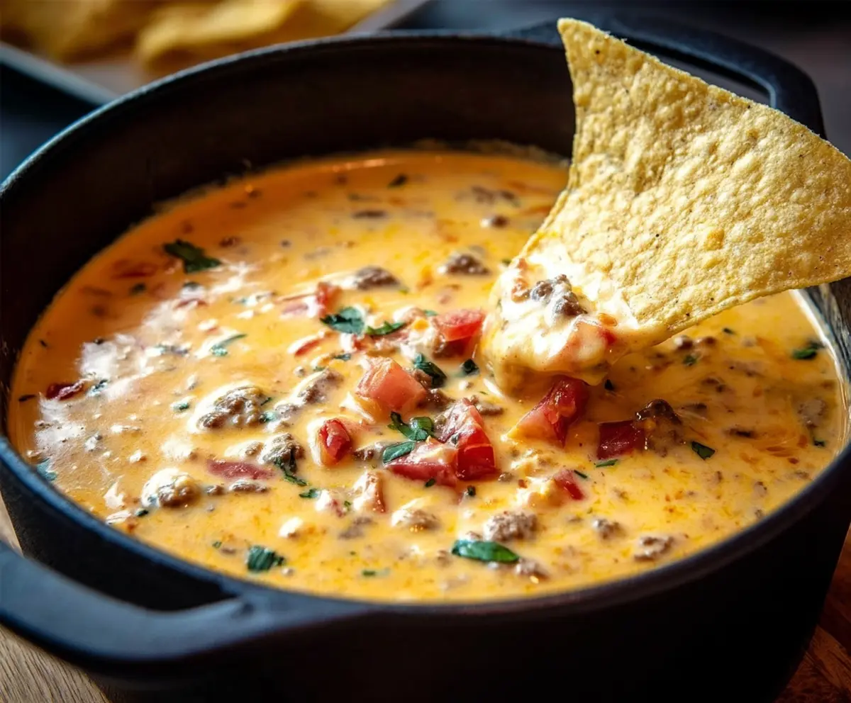 Delicious Cowboy Queso dip featuring melted cheese, jalapenos, and seasoned ground beef served with tortilla chips.
