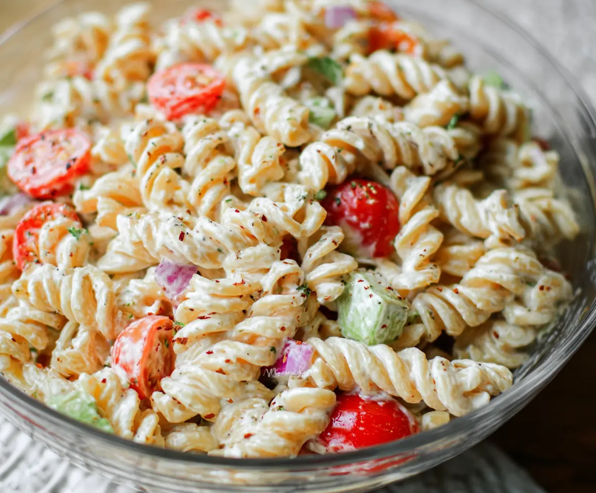 Creamy pasta salad with fresh vegetables and herbs in a white bowl, perfect for summer picnics.